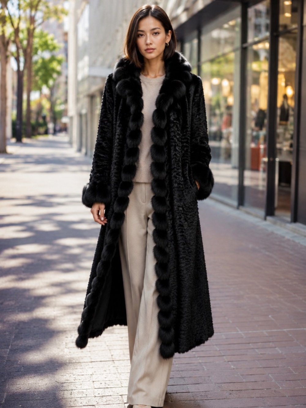Donna Salyers Fabulous Furs Black Faux Fur Full Length Coat Medium